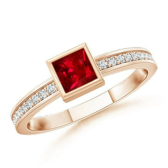 ANGARA Natural Bezel-Set Square Ruby Stackable Promise Ring in 14K Rose Gold for Women (Size-3mm) | July Birthstone, Birthday, Anniversary, Jewelry Gift for Women | Natural Ruby Ring