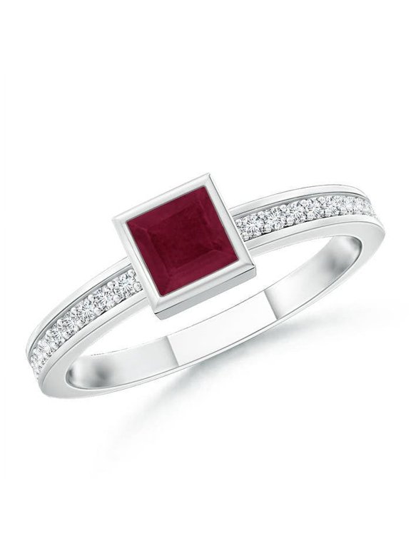 Natural Bezel-Set Square Ruby Stackable Promise Ring in 14K White Gold for Women (Size-3mm) | July Birthstone Jewelry for Her | Natural Ruby Rings