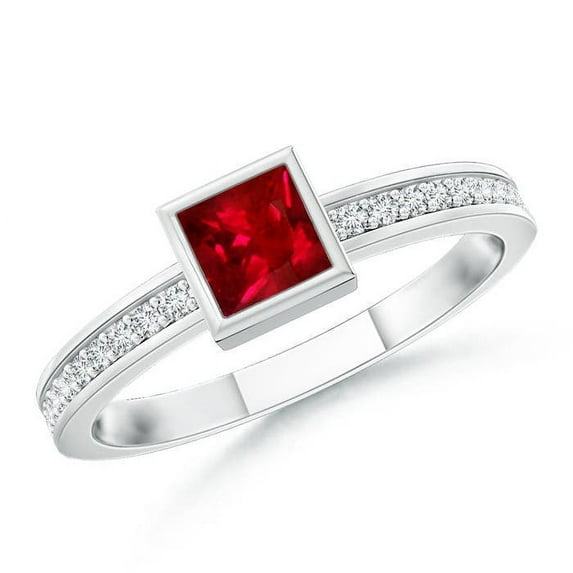 ANGARA Natural Bezel-Set Square Ruby Stackable Promise Ring in 14K White Gold for Women (Size-3mm) | July Birthstone, Birthday, Anniversary, Jewelry Gift for Women | Natural Ruby Ring