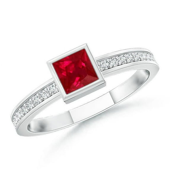 ANGARA Natural Bezel-Set Square Ruby Stackable Promise Ring in 14K White Gold for Women (Size-3mm) | July Birthstone, Birthday, Anniversary, Jewelry Gift for Women | Natural Ruby Ring