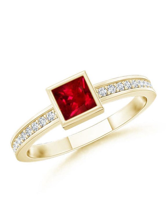 Natural Bezel-Set Square Ruby Stackable Promise Ring in 14K Yellow Gold for Women (Size-3mm) | July Birthstone, Birthday, Anniversary, Jewelry Gift for Women | Natural Ruby Ring