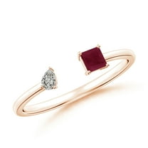 ANGARA Natural Two-Stone Square Ruby & Pear Diamond Open Ring in 14K Rose Gold for Women (Size-3mm) | July Birthstone, Birthday, Anniversary, Jewelry Gift for Women | Natural Ruby Ring