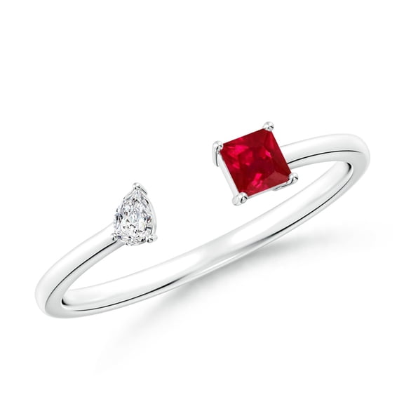 ANGARA Natural Two-Stone Square Ruby & Pear Diamond Open Ring in 14K White Gold for Women (Size-3mm) | July Birthstone Jewelry for Her | Natural Ruby Rings