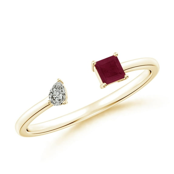 ANGARA Natural Two-Stone Square Ruby & Pear Diamond Open Ring in 14K Yellow Gold for Women (Size-3mm) | July Birthstone, Birthday, Anniversary, Jewelry Gift for Women | Natural Ruby Ring
