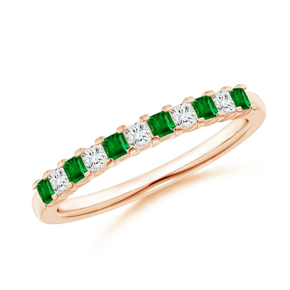 ANGARA Natural Square Emerald and Princess Diamond Semi Eternity Wedding Ring in 14K Rose Gold for Women (Size-1.9mm) | May Birthstone, Anniversary, Jewelry Gift for Women | Natural Emerald Ring