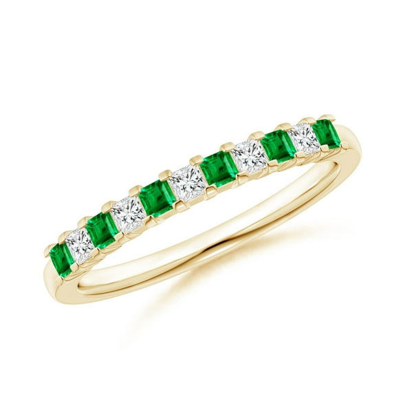 ANGARA Natural Square Emerald and Princess Diamond Semi Eternity Wedding Ring in 14K Yellow Gold for Women (Size-1.9mm) | May Birthstone, Anniversary, Jewelry Gift for Women | Natural Emerald Ring