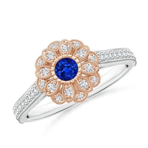 ANGARA Natural Vintage Inspired Sapphire Floral Ring with Milgrain in 14K White & Rose Gold for Women (Size-3.5mm) | September Birthstone, Anniversary, Jewelry Gift for Women | Natural Sapphire Ring