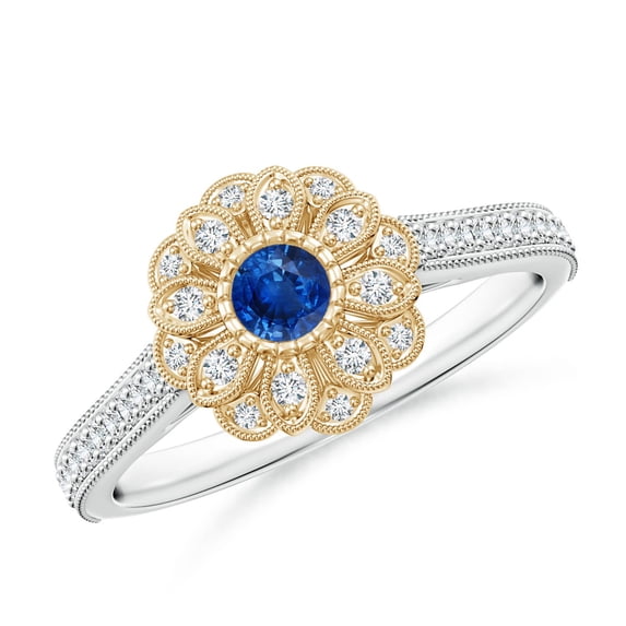 ANGARA Natural Sapphire Floral Ring with Milgrain in 14K White & Yellow Gold for Women (Size-3.5mm) | September Birthstone, Anniversary, Jewelry Gift for Women | Natural Sapphire Ring