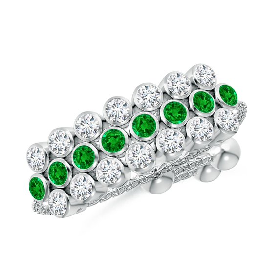 ANGARA Natural Three Row Bezel-Set Emerald and Diamond Tennis Bolo Ring in 14K White Gold for Women (Size-1.8mm) | May Birthstone, Birthday, Anniversary, Jewelry Gift for Women | Natural Emerald Ring
