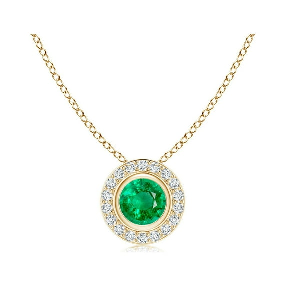 ANGARA Natural Round Bezel-Set Emerald Pendant with Diamond Halo in 14K Yellow Gold for Women (Size-4mm) | May Birthstone, Birthday, Anniversary, Jewelry Gift for Women | Natural Emerald Necklace