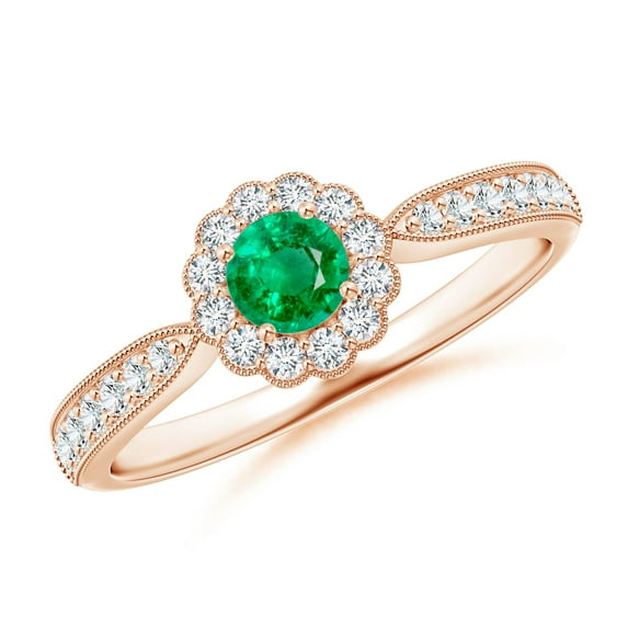 ANGARA Natural Vintage Inspired Emerald Milgrain Ring with Diamond Halo in 14K Rose Gold for Women (Size-4mm) | May Birthstone, Birthday, Anniversary, Jewelry Gift for Women | Natural Emerald Ring