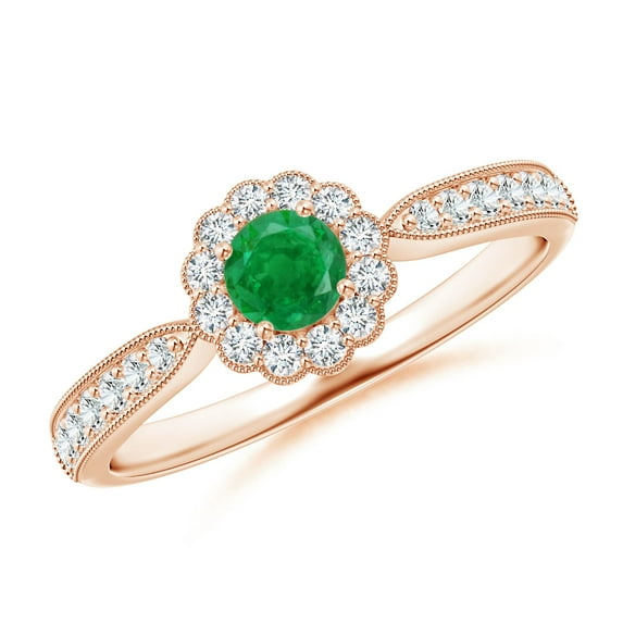 ANGARA Natural Vintage Inspired Emerald Milgrain Ring with Diamond Halo in 14K Rose Gold for Women (Size-4mm) | May Birthstone, Birthday, Anniversary, Jewelry Gift for Women | Natural Emerald Ring