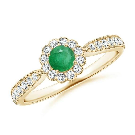 ANGARA Natural Vintage Inspired Emerald Milgrain Ring with Diamond Halo in 14K Yellow Gold for Women (Size-4mm) | May Birthstone, Birthday, Anniversary, Jewelry Gift for Women | Natural Emerald Ring