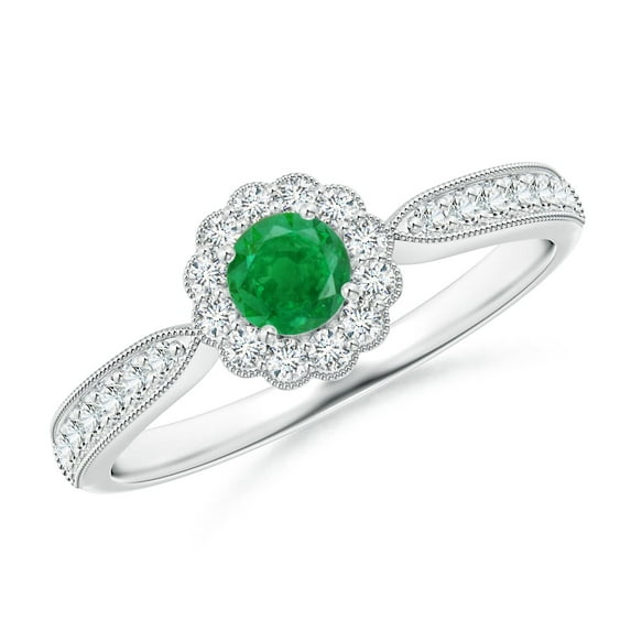 ANGARA Natural Vintage Inspired Emerald Milgrain Ring with Diamond Halo in Sterling Silver for Women (Size-4mm) | May Birthstone, Birthday, Anniversary, Jewelry Gift for Women | Natural Emerald Ring