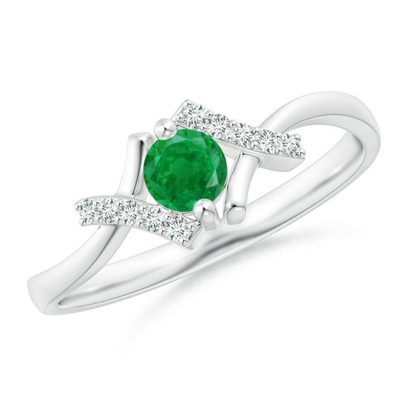 ANGARA Natural Solitaire Emerald Bypass Promise Ring with Diamond Accents in 14K White Gold for Women (Size-4mm) | May Birthstone, Birthday, Anniversary, Jewelry Gift for Women | Natural Emerald Ring
