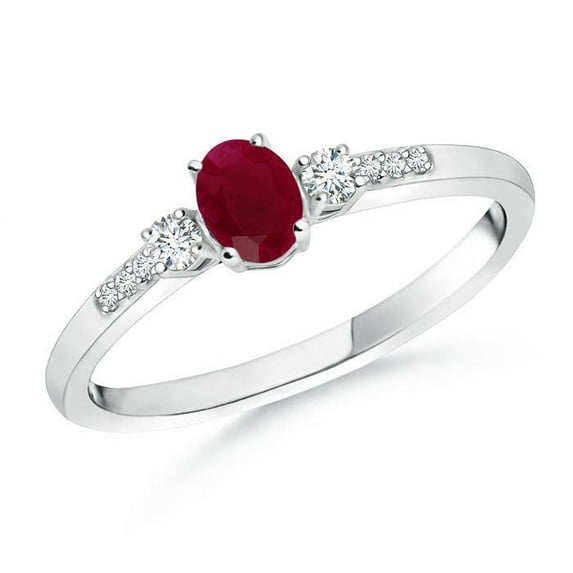 ANGARA Natural Classic Oval Ruby and Diamond Three Stone Engagement Ring in 14K White Gold for Women (Size-5x3mm) | July Birthstone, Birthday, Anniversary, Jewelry Gift for Women | Natural Ruby Ring