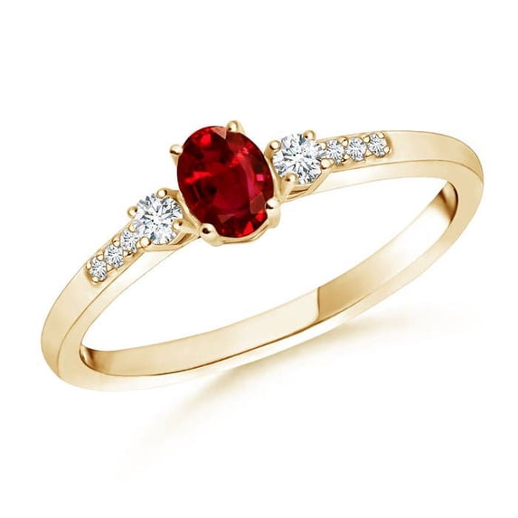 ANGARA Natural Classic Oval Ruby and Diamond Three Stone Engagement Ring in 14K Yellow Gold for Women (Size-5x3mm) | July Birthstone, Birthday, Anniversary, Jewelry Gift for Women | Natural Ruby Ring