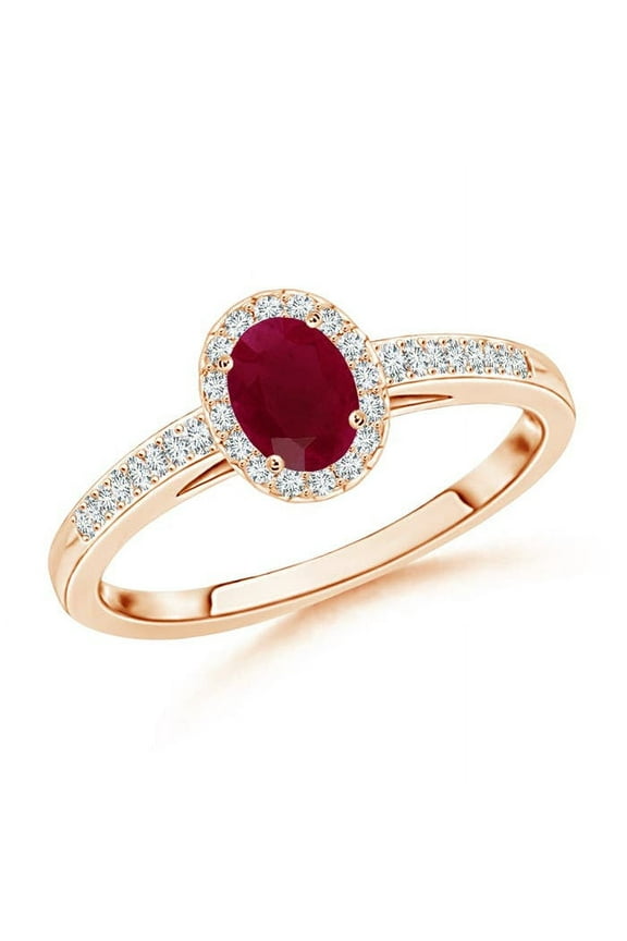 Natural Classic Oval Ruby Halo Engagement Ring with Diamond Accents in 14K Rose Gold for Women (Size-5x3mm) | July Birthstone, Birthday, Anniversary, Jewelry Gift for Women | Natural Ruby Ring