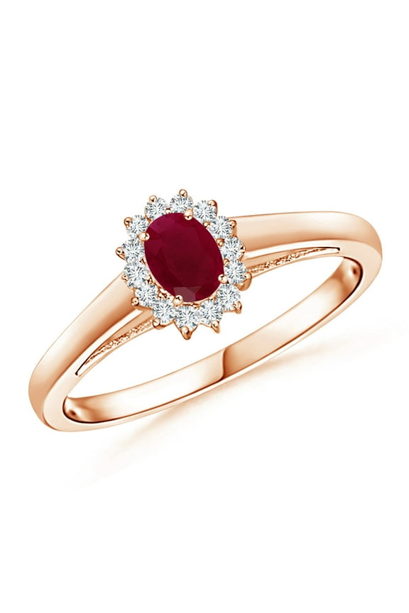 Natural Princess Diana Inspired Ruby Ring with Diamond Halo in 14K Rose Gold for Women (Size-5x3mm) | July Birthstone, Birthday, Anniversary, Jewelry Gift for Women | Natural Ruby Ring