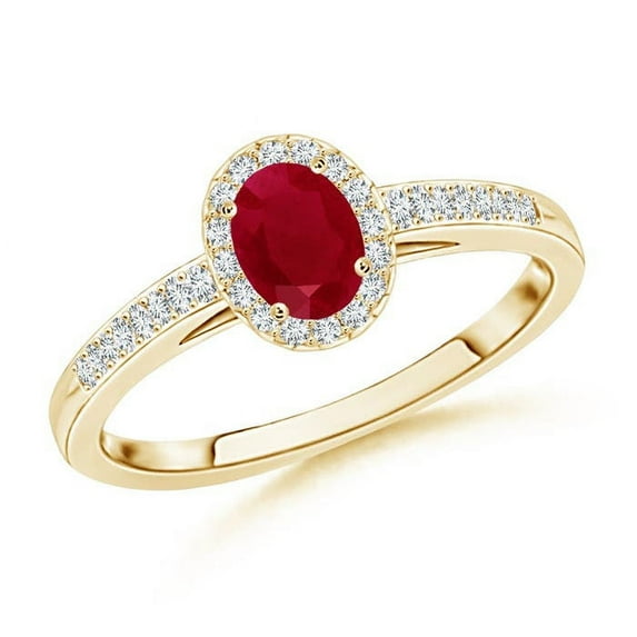 ANGARA Natural Classic Oval Ruby Halo Engagement Ring with Diamond Accents in 14K Yellow Gold for Women (Size-5x3mm) | July Birthstone, Anniversary, Jewelry Gift for Women | Natural Ruby Ring