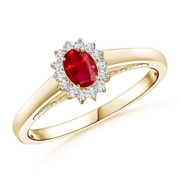 ANGARA Natural Princess Diana Inspired Ruby Ring with Diamond Halo in 14K Yellow Gold for Women (Size-5x3mm) | July Birthstone, Birthday, Anniversary, Jewelry Gift for Women | Natural Ruby Ring