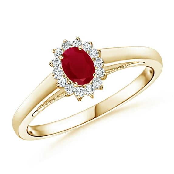 ANGARA Natural Princess Diana Inspired Ruby Ring with Diamond Halo in 14K Yellow Gold for Women (Size-5x3mm) | July Birthstone, Birthday, Anniversary, Jewelry Gift for Women | Natural Ruby Ring