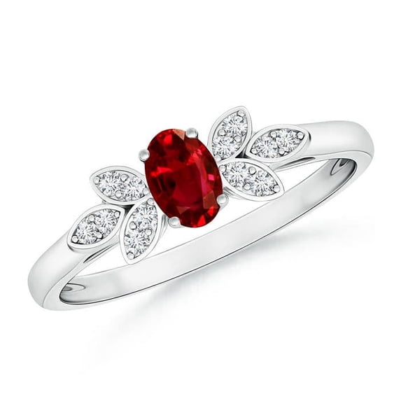 ANGARA Natural Vintage Style Oval Ruby Ring with Diamond Accents in 14K White Gold for Women (Size-5x3mm) | July Birthstone, Birthday, Anniversary, Jewelry Gift for Women | Natural Ruby Ring
