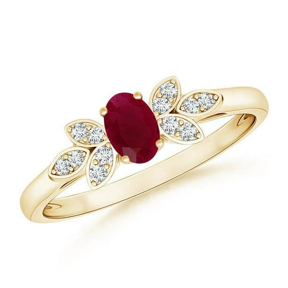 ANGARA Natural Vintage Style Oval Ruby Ring with Diamond Accents in 14K Yellow Gold for Women (Size-5x3mm) | July Birthstone, Birthday, Anniversary, Jewelry Gift for Women | Natural Ruby Ring