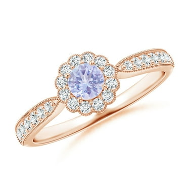 ANGARA Natural Vintage Inspired Tanzanite Milgrain Ring with Diamond Halo in 14K Rose Gold for Women (Size-4mm) | December Birthstone, Anniversary, Jewelry Gift for Women | Natural Tanzanite Ring