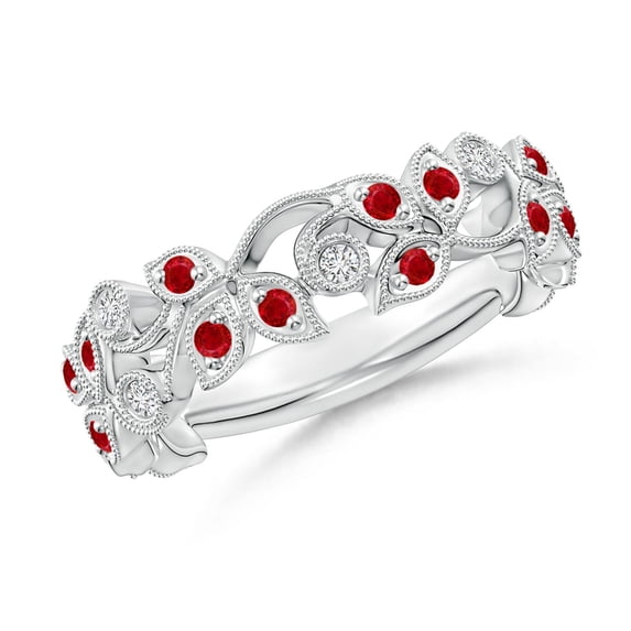 ANGARA Natural Nature Inspired Round Ruby & Diamond Vine Ring in 14K White Gold for Women (Size-1.3mm) | July Birthstone, Birthday, Anniversary, Jewelry Gift for Women | Natural Ruby Ring