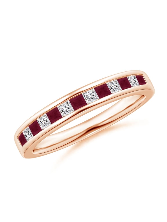 Natural Channel Square Ruby and Diamond Half Eternity Ring in 14K Rose Gold for Women (Size-1.8mm) | July Birthstone, Birthday, Anniversary, Jewelry Gift for Women | Natural Ruby Ring
