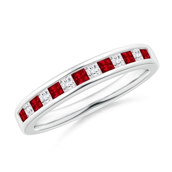 ANGARA Natural Channel Square Ruby and Diamond Half Eternity Ring in 14K White Gold for Women (Size-1.8mm) | July Birthstone, Birthday, Anniversary, Jewelry Gift for Women | Natural Ruby Ring