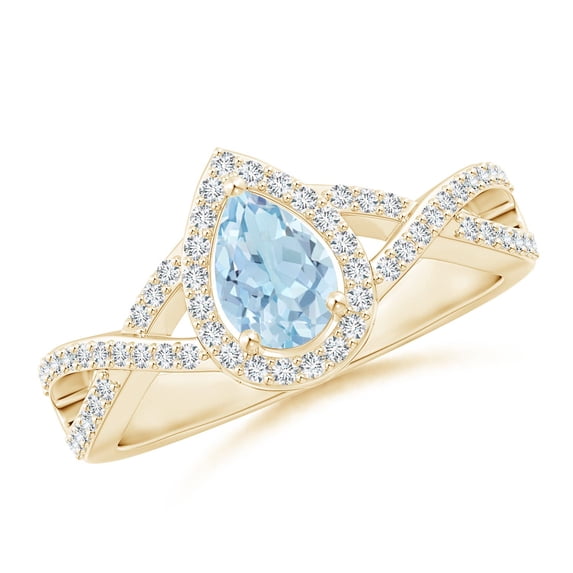 ANGARA Natural Twist Shank Pear Aquamarine Ring with Diamond Halo in 14K Yellow Gold for Women (Size-6x4mm) | March Birthstone, Birthday, Anniversary, Jewelry Gift for Women | Natural Aquamarine Ring