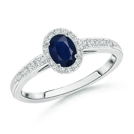 ANGARA Natural Oval Blue Sapphire Halo Ring with Diamond Accents in 14K White Gold for Women (Size-5x3mm) | September Birthstone, Anniversary, Jewelry Gift for Women | Natural Blue Sapphire Ring