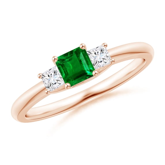 ANGARA Natural Square Emerald and Princess Diamond Three Stone Engagement Ring in 14K Rose Gold for Women (Size-4mm) | May Birthstone, Anniversary, Jewelry Gift for Women | Natural Emerald Ring