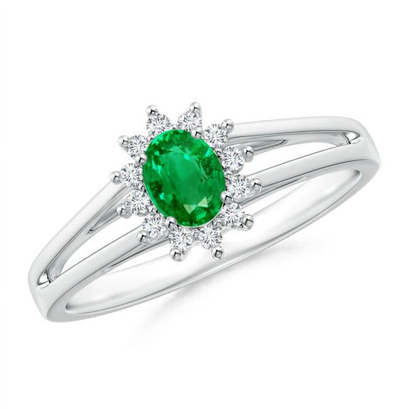 ANGARA Natural Princess Diana Inspired Emerald Halo Split Shank Ring in 14K White Gold for Women (Size-5x4mm) | May Birthstone, Birthday, Anniversary, Jewelry Gift for Women | Natural Emerald Ring