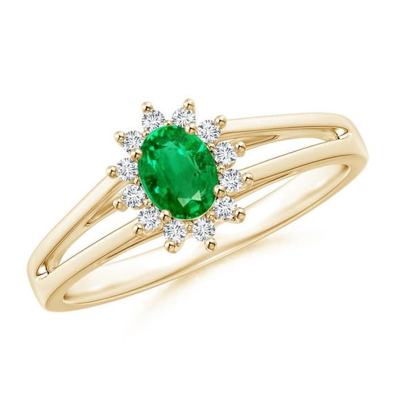 ANGARA Natural Princess Diana Inspired Emerald Halo Split Shank Ring in 14K Yellow Gold for Women (Size-5x4mm) | May Birthstone, Birthday, Anniversary, Jewelry Gift for Women | Natural Emerald Ring