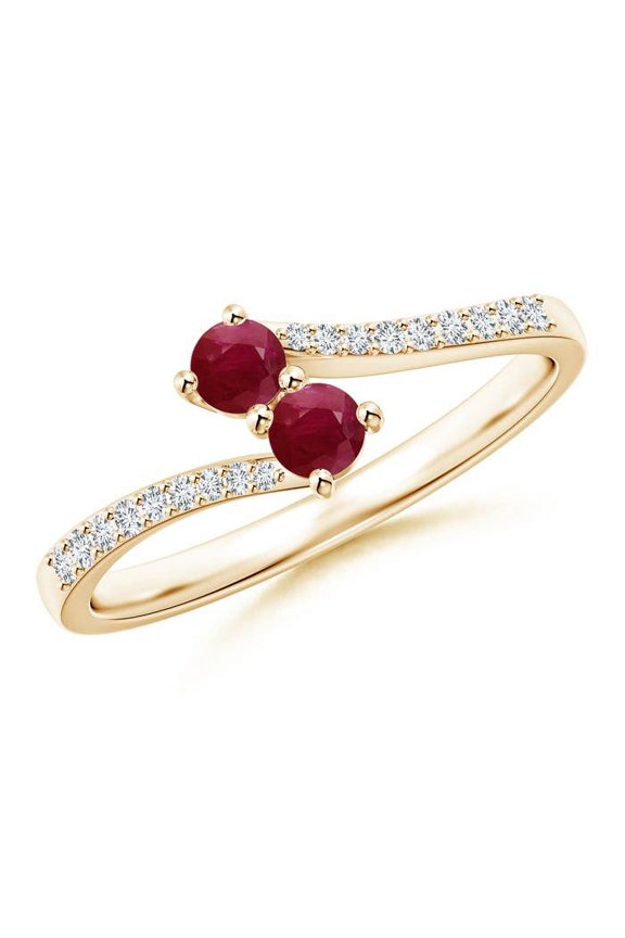 Natural Two Stone Ruby Bypass Ring with Diamond Accents in 14K Yellow Gold for Women (Size-3mm) | July Birthstone, Birthday, Anniversary, Jewelry Gift for Women | Natural Ruby Ring