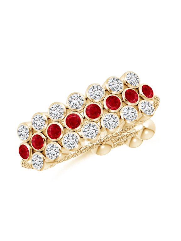 Natural Three Row Bezel-Set Ruby and Diamond Tennis Bolo Ring in 14K Yellow Gold for Women (Size-1.8mm) | July Birthstone, Birthday, Anniversary, Jewelry Gift for Women | Natural Ruby Ring