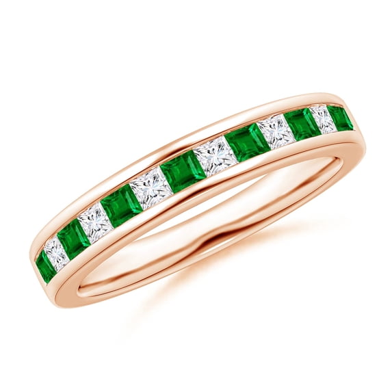 ANGARA Natural Channel Square Emerald and Diamond Half Eternity Ring in 14K Rose Gold for Women (Size-2mm) | May Birthstone, Birthday, Anniversary, Jewelry Gift for Women | Natural Emerald Ring