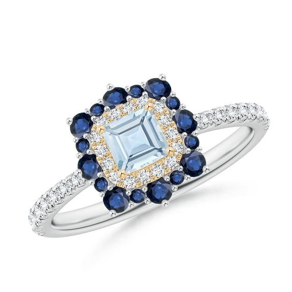 ANGARA Natural Square Aquamarine Two Tone Ring with Ornate Double Halo in 14K White & Yellow Gold for Women (Size-4mm) | March Birthstone, Anniversary Jewelry Gift for Women | Natural Aquamarine Ring