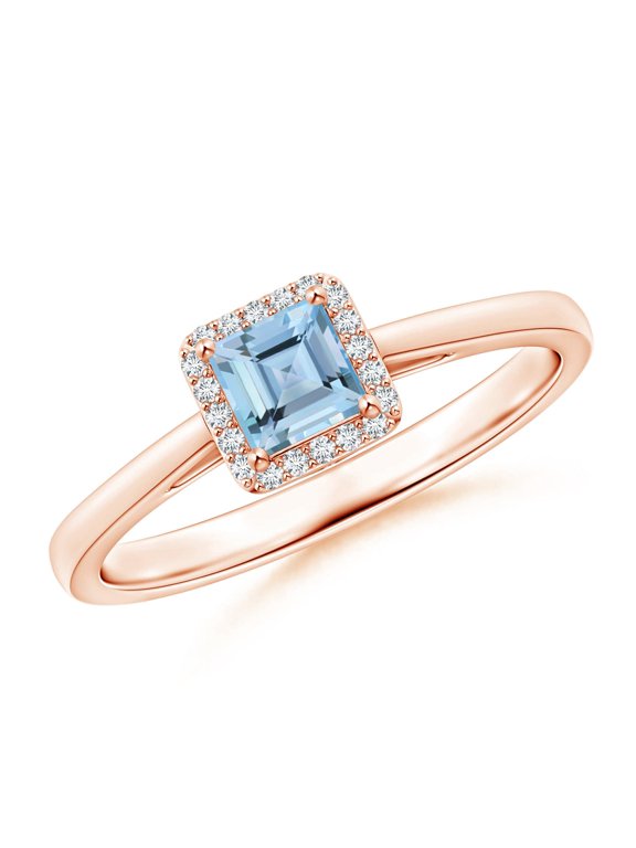 Natural Classic Square Aquamarine Halo Ring in 14K Rose Gold for Women (Size-4mm) | March Birthstone, Birthday, Anniversary, Jewelry Gift for Women | Natural Aquamarine Ring