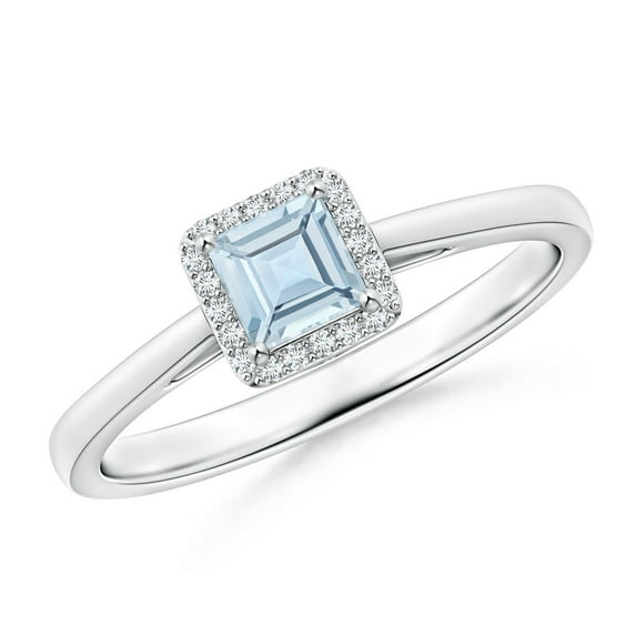 ANGARA Natural Classic Square Aquamarine Halo Ring in 14K White Gold for Women (Size-4mm) | March Birthstone, Birthday, Anniversary, Jewelry Gift for Women | Natural Aquamarine Ring