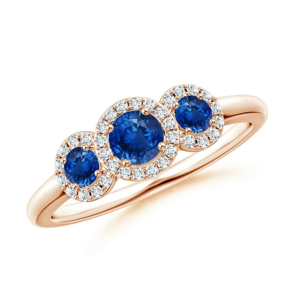 ANGARA Natural Round Sapphire Three Stone Halo Ring with Diamonds in 14K Rose Gold for Women (Size-4mm) | September Birthstone, Anniversary, Jewelry Gift for Women | Natural Blue Sapphire Ring