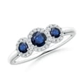 thumbnail image 1 of ANGARA Natural Round Sapphire Three Stone Halo Ring with Diamonds in 14K White Gold for Women (Size-4mm) | September Birthstone, Anniversary, Jewelry Gift for Women | Natural Blue Sapphire Ring, 1 of 9