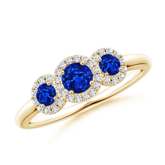 ANGARA Natural Round Sapphire Three Stone Halo Ring with Diamonds in 14K Yellow Gold for Women (Size-4mm) | September Birthstone, Anniversary, Jewelry Gift for Women | Natural Blue Sapphire Ring