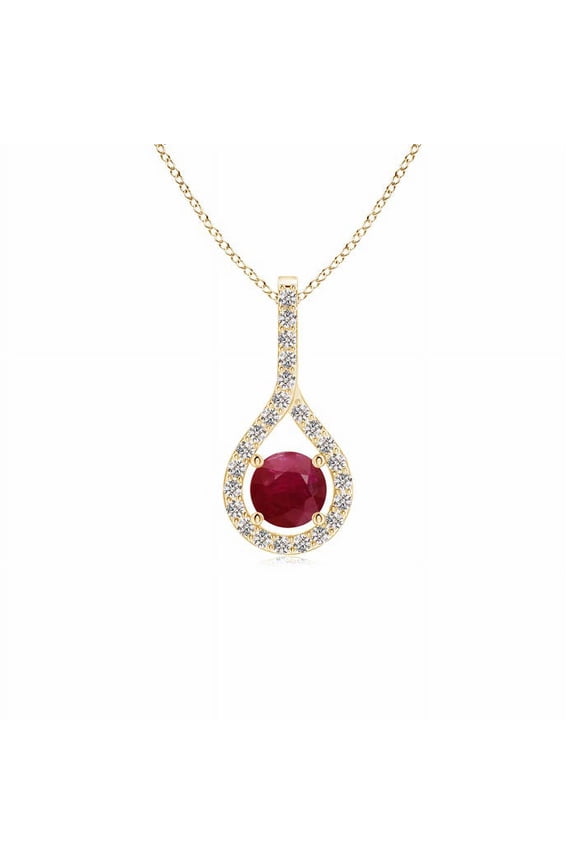 Natural Floating Ruby Drop Pendant with Diamond Accents in 14K Yellow Gold for Women (Size-4mm) | July Birthstone, Birthday, Anniversary, Jewelry Gift for Women | Natural Ruby Necklace