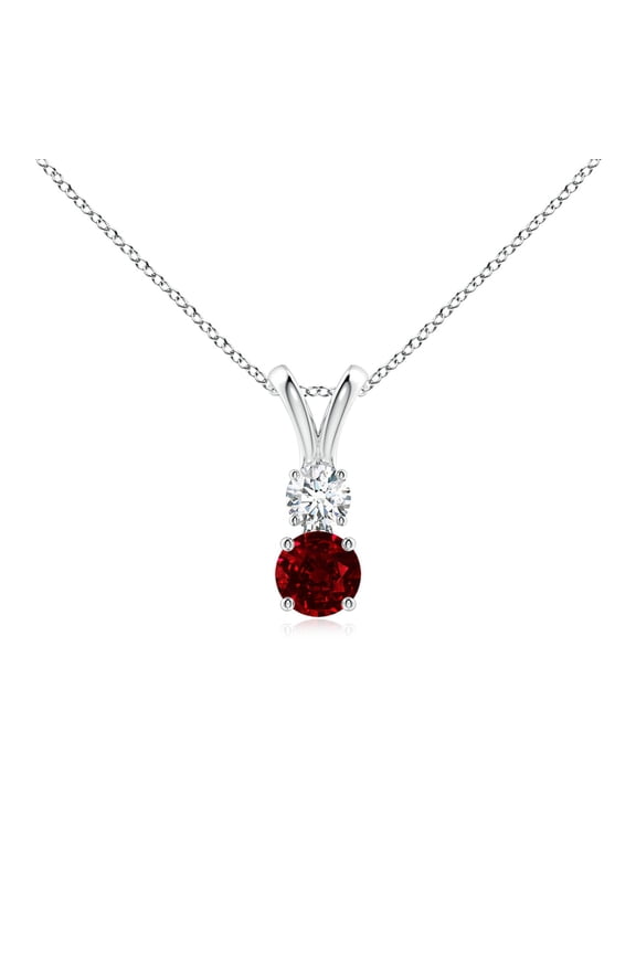 Natural Round Ruby and Diamond Two Stone Pendant in 14K White Gold for Women (Size-4mm) | July Birthstone, Birthday, Anniversary, Jewelry Gift for Women | Natural Ruby Necklace