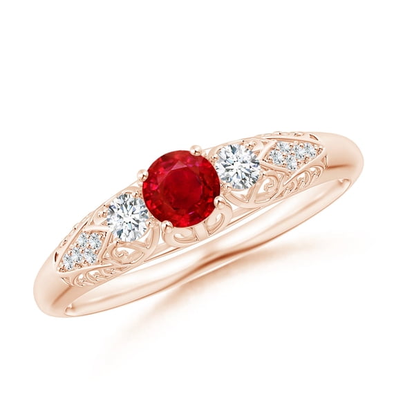 ANGARA Natural Aeon Vintage Style Ruby and Diamond Three Stone Engagement Ring in 14K Rose Gold for Women (Size-4mm) | July Birthstone, Anniversary, Jewelry Gift for Women | Natural Ruby Ring