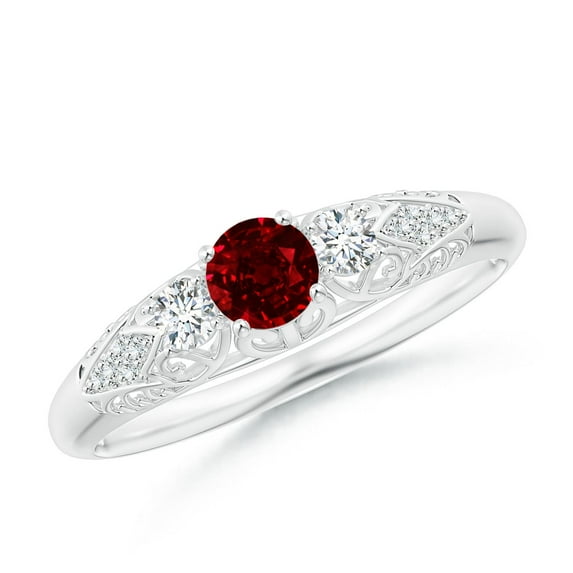 ANGARA Natural Aeon Vintage Style Ruby and Diamond Three Stone Engagement Ring in 14K White Gold for Women (Size-4mm) | July Birthstone, Anniversary, Jewelry Gift for Women | Natural Ruby Ring